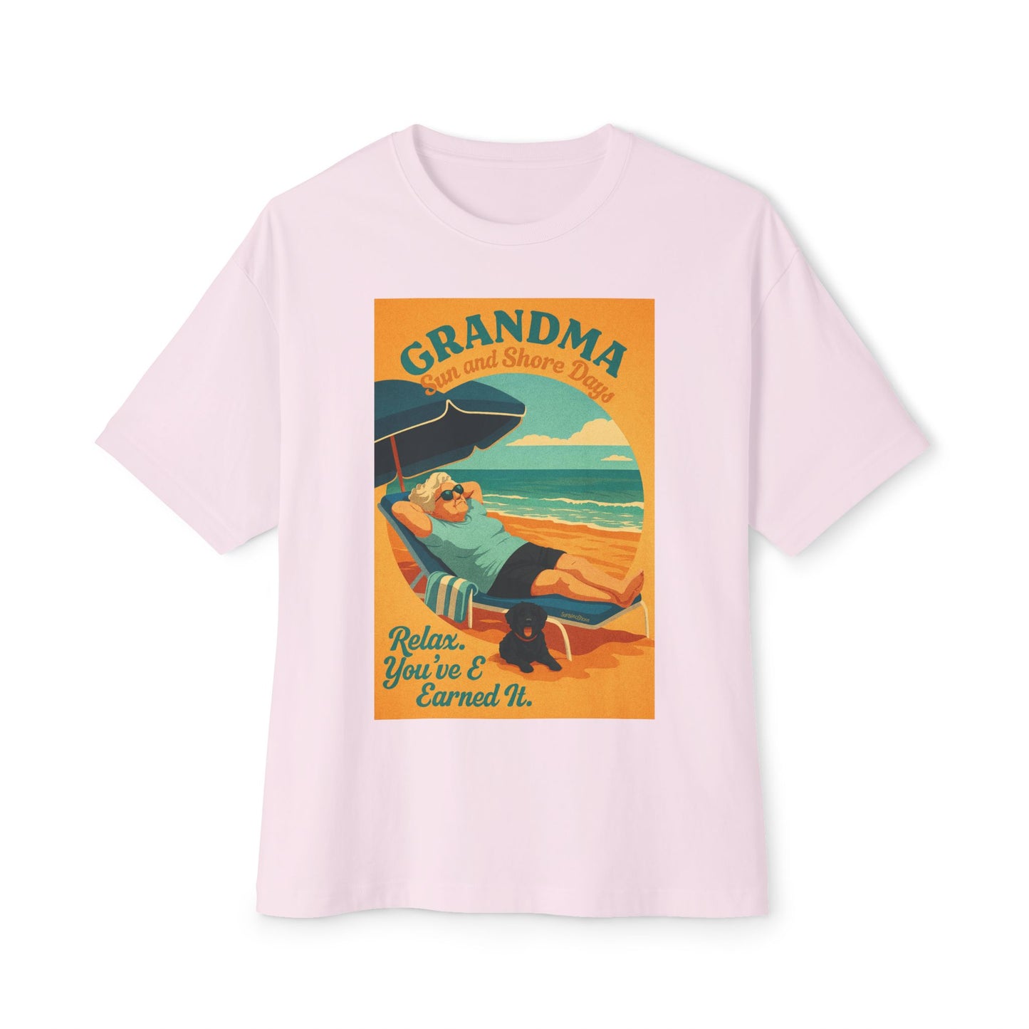Grandma Relaxing at the Beach w Dog Tee, Unisex Oversized Boxy Tee, Beach Vibes Shirt, Gift for Grandma, Summer Casual Top, Relaxation Apparel