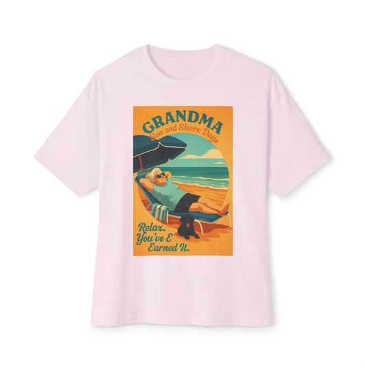 Grandma Relaxing at the Beach w Dog Tee, Unisex Oversized Boxy Tee, Beach Vibes Shirt, Gift for Grandma, Summer Casual Top, Relaxation Apparel