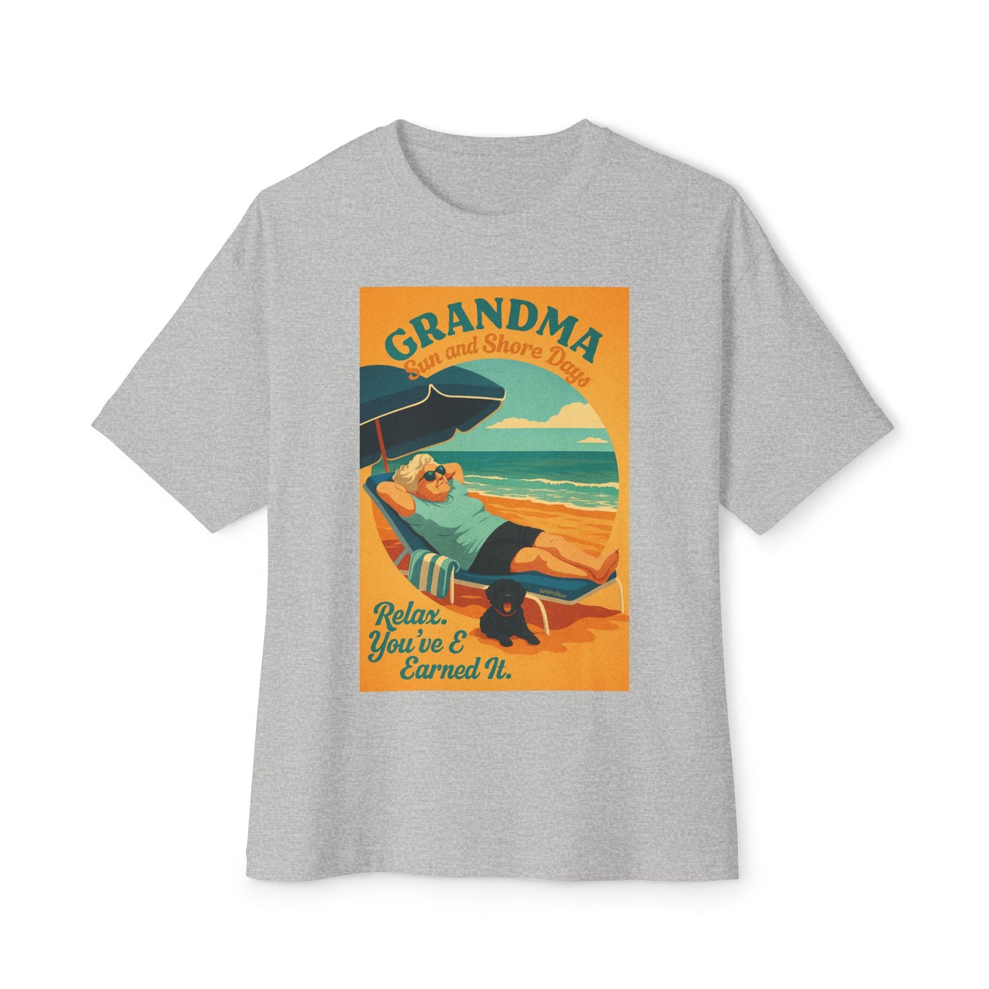 Grandma Relaxing at the Beach w Dog Tee, Unisex Oversized Boxy Tee, Beach Vibes Shirt, Gift for Grandma, Summer Casual Top, Relaxation Apparel