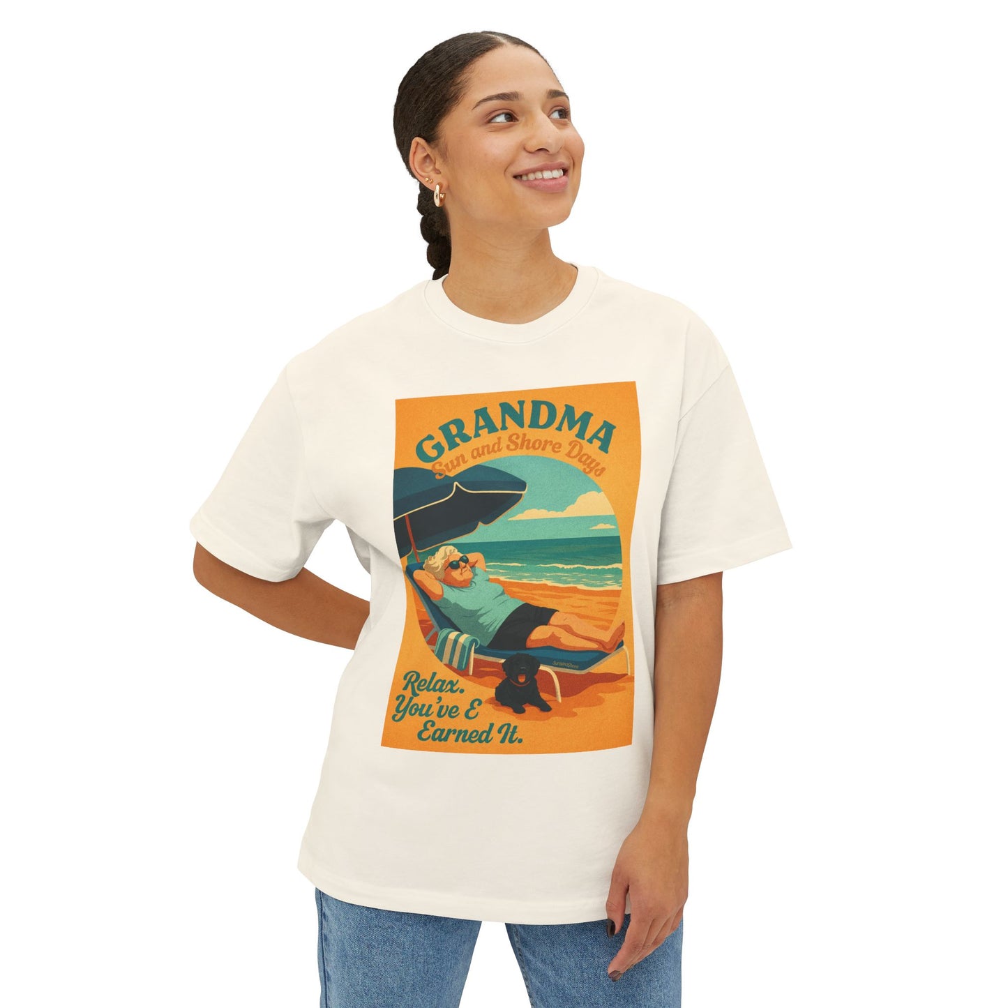 Grandma Relaxing at the Beach w Dog Tee, Unisex Oversized Boxy Tee, Beach Vibes Shirt, Gift for Grandma, Summer Casual Top, Relaxation Apparel