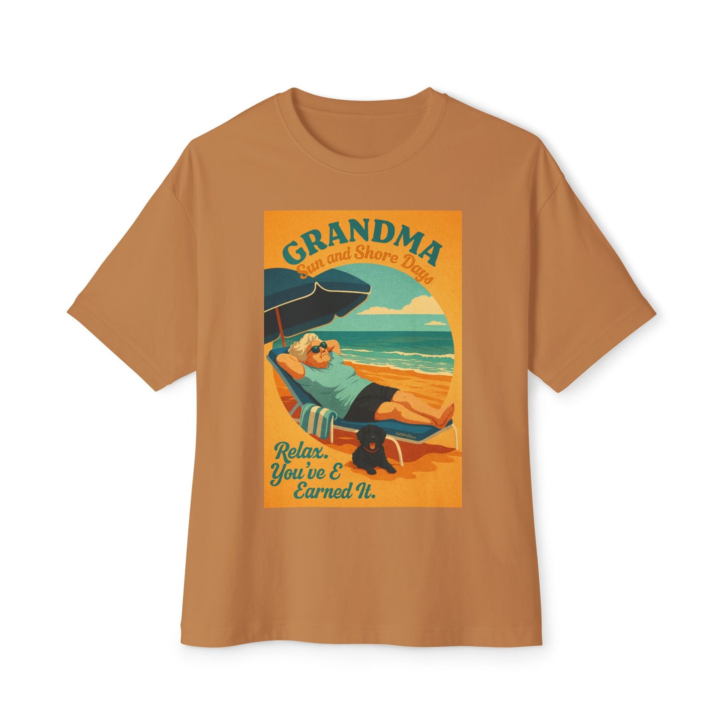 Grandma Relaxing at the Beach w Dog Tee, Unisex Oversized Boxy Tee, Beach Vibes Shirt, Gift for Grandma, Summer Casual Top, Relaxation Apparel