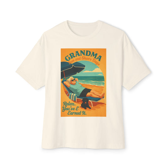 Grandma Relaxing at the Beach w Dog Tee, Unisex Oversized Boxy Tee, Beach Vibes Shirt, Gift for Grandma, Summer Casual Top, Relaxation Apparel