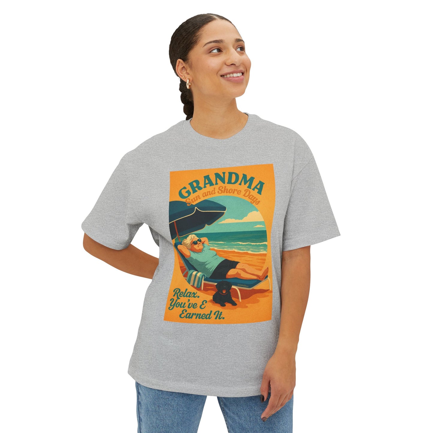 Grandma Relaxing at the Beach w Dog Tee, Unisex Oversized Boxy Tee, Beach Vibes Shirt, Gift for Grandma, Summer Casual Top, Relaxation Apparel