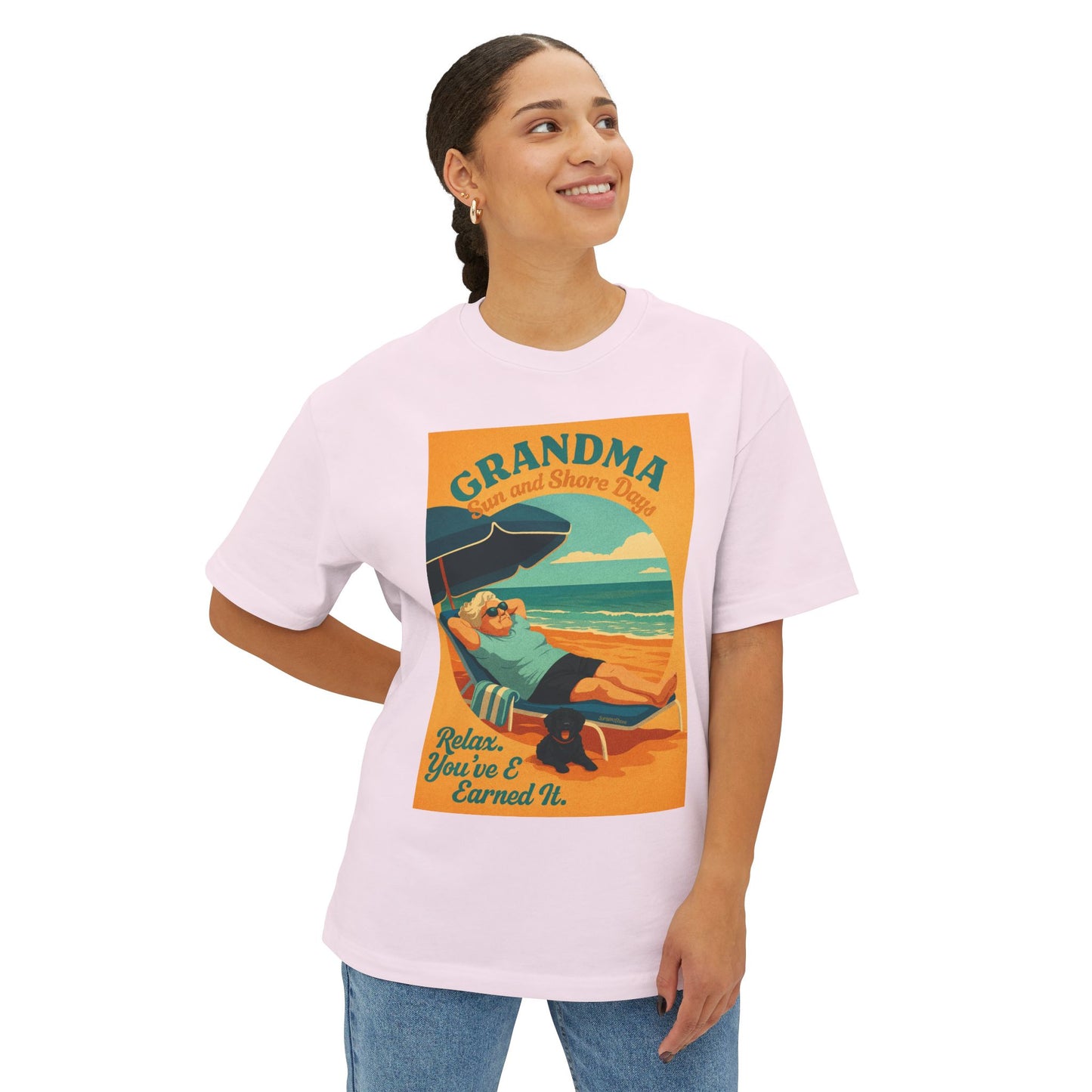 Grandma Relaxing at the Beach w Dog Tee, Unisex Oversized Boxy Tee, Beach Vibes Shirt, Gift for Grandma, Summer Casual Top, Relaxation Apparel