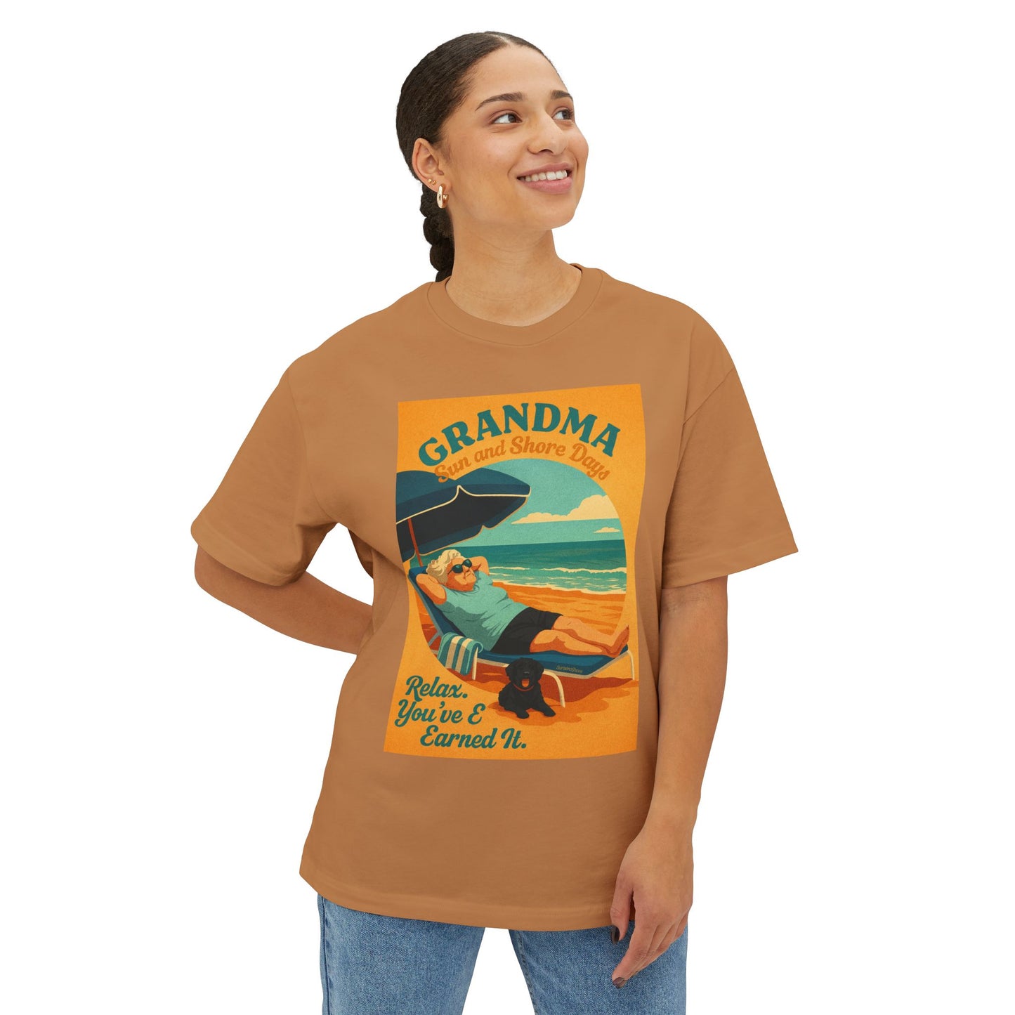 Grandma Relaxing at the Beach w Dog Tee, Unisex Oversized Boxy Tee, Beach Vibes Shirt, Gift for Grandma, Summer Casual Top, Relaxation Apparel